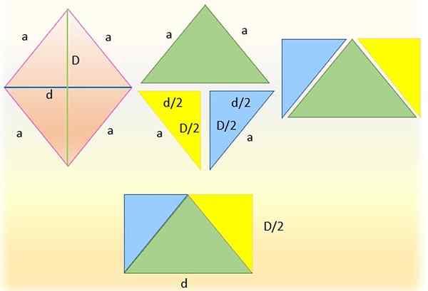 Kakšen je odnos med območjem Rhombusa in pravokotnika?