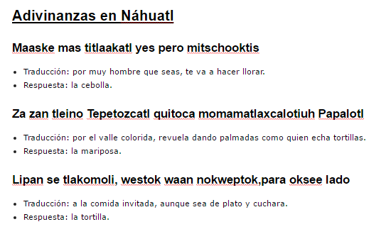 35 teka -teki di Nahuatl diterjemahkan ke dalam bahasa Sepanyol